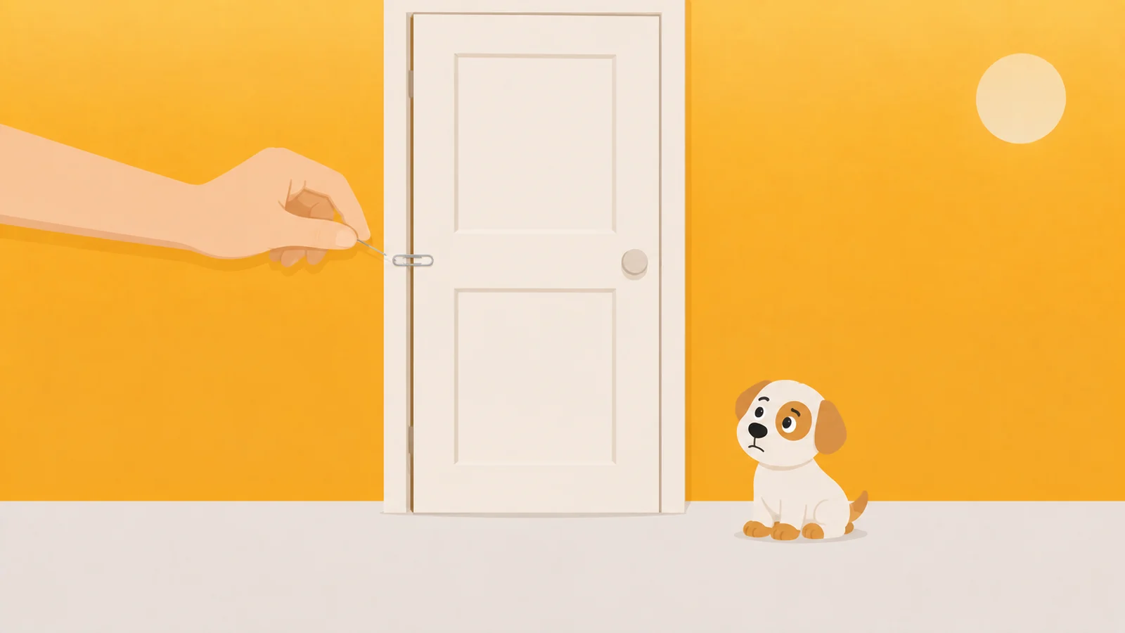 A door held shut by a single paper clip, a hand lifting the clip away with two fingers while a dog watches