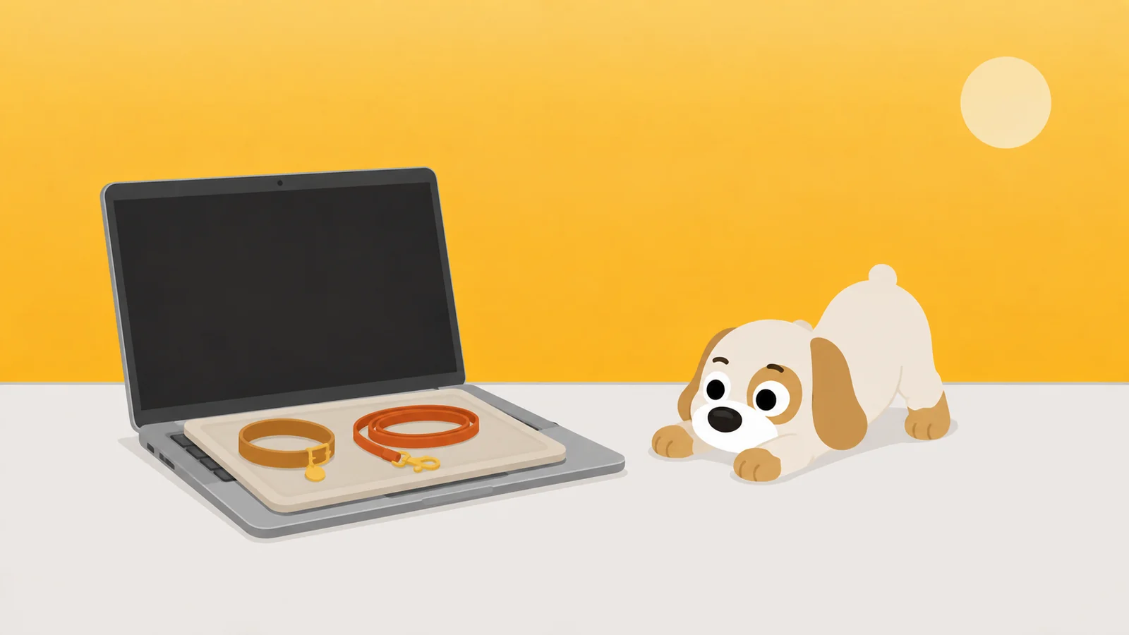 An open laptop with a doormat laid across the keyboard and a collar and lead resting on it, a dog waiting in a play bow