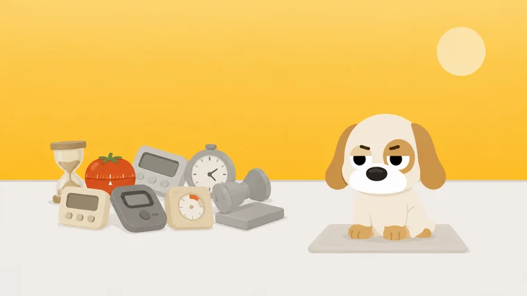 A loose scrapheap of abandoned timers and gadgets, with a guard dog sitting in front of it facing away