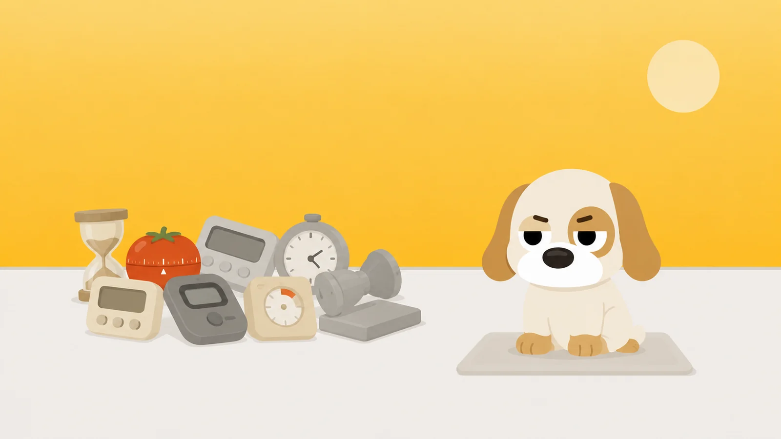 A loose scrapheap of abandoned timers and gadgets, with a guard dog sitting in front of it facing away