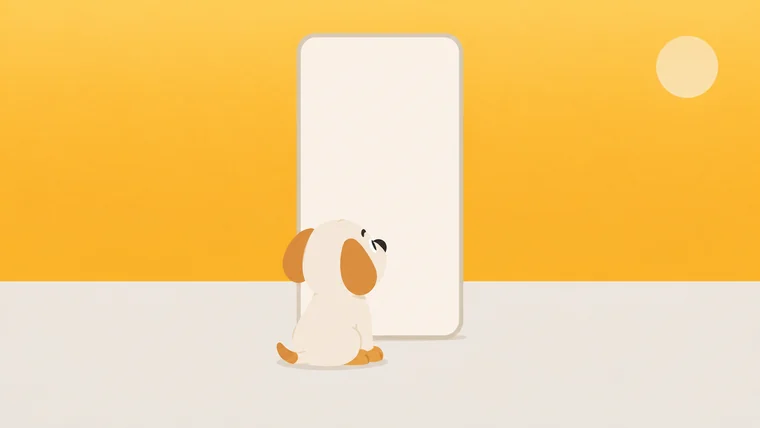 A completely blank phone screen standing on the ground like an empty canvas, a contented dog sitting before it