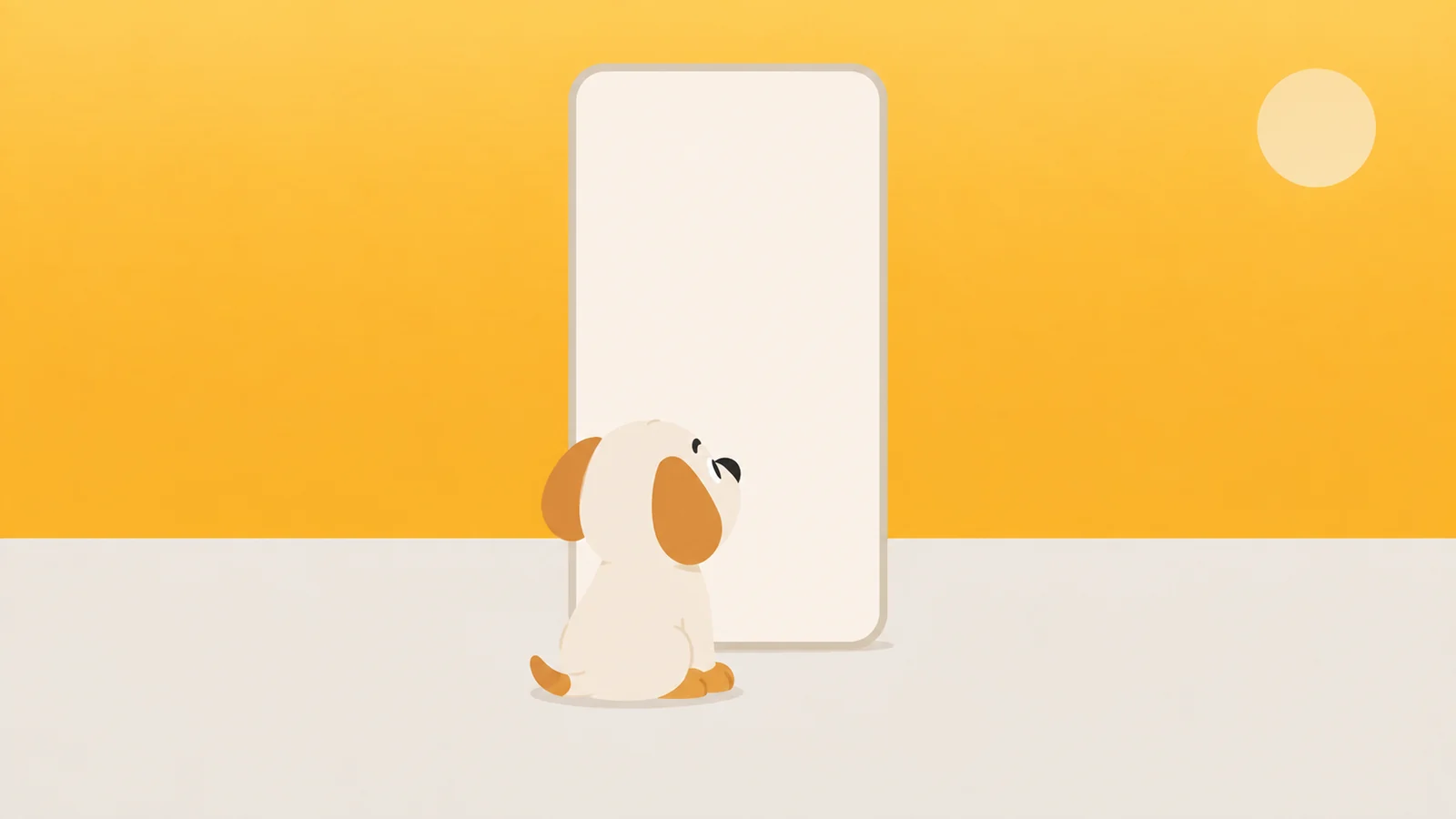 A completely blank phone screen standing on the ground like an empty canvas, a contented dog sitting before it