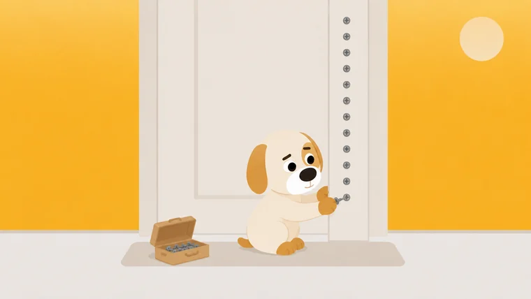 A guard dog fitting the last of twelve bolts into a door frame, a small toolbox open on the mat beside him