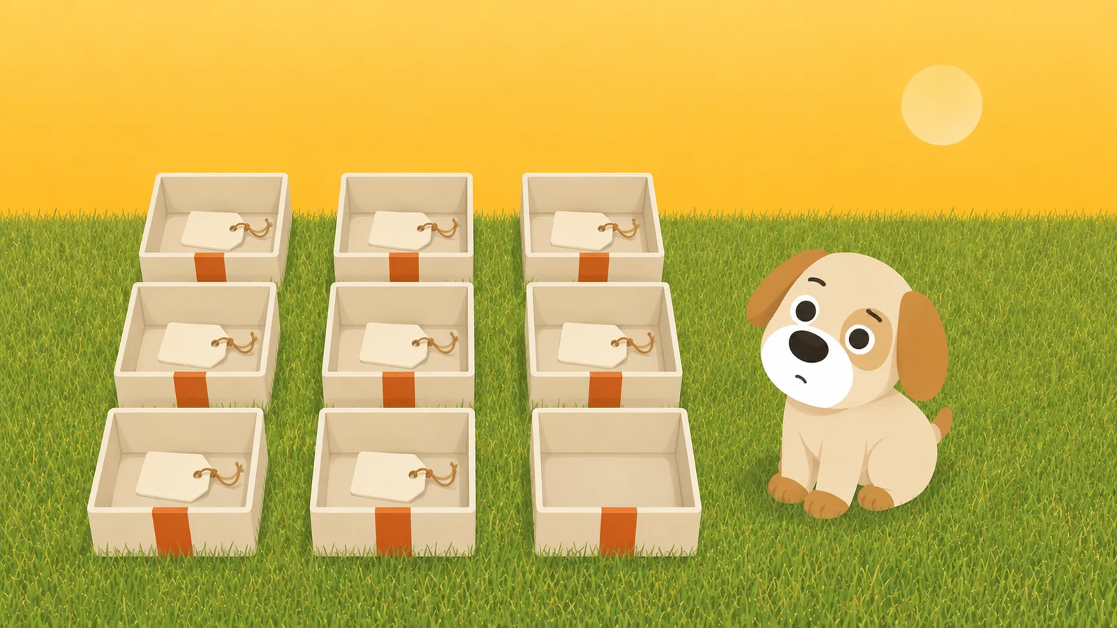 Nine open gift boxes, eight holding a small tag and the ninth genuinely empty, a dog sitting beside the empty one