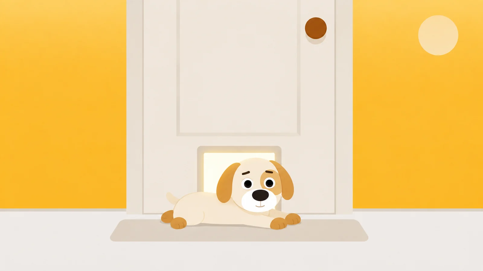 A guard dog lying across the cat flap cut into the bottom of a shut door, blocking the way through