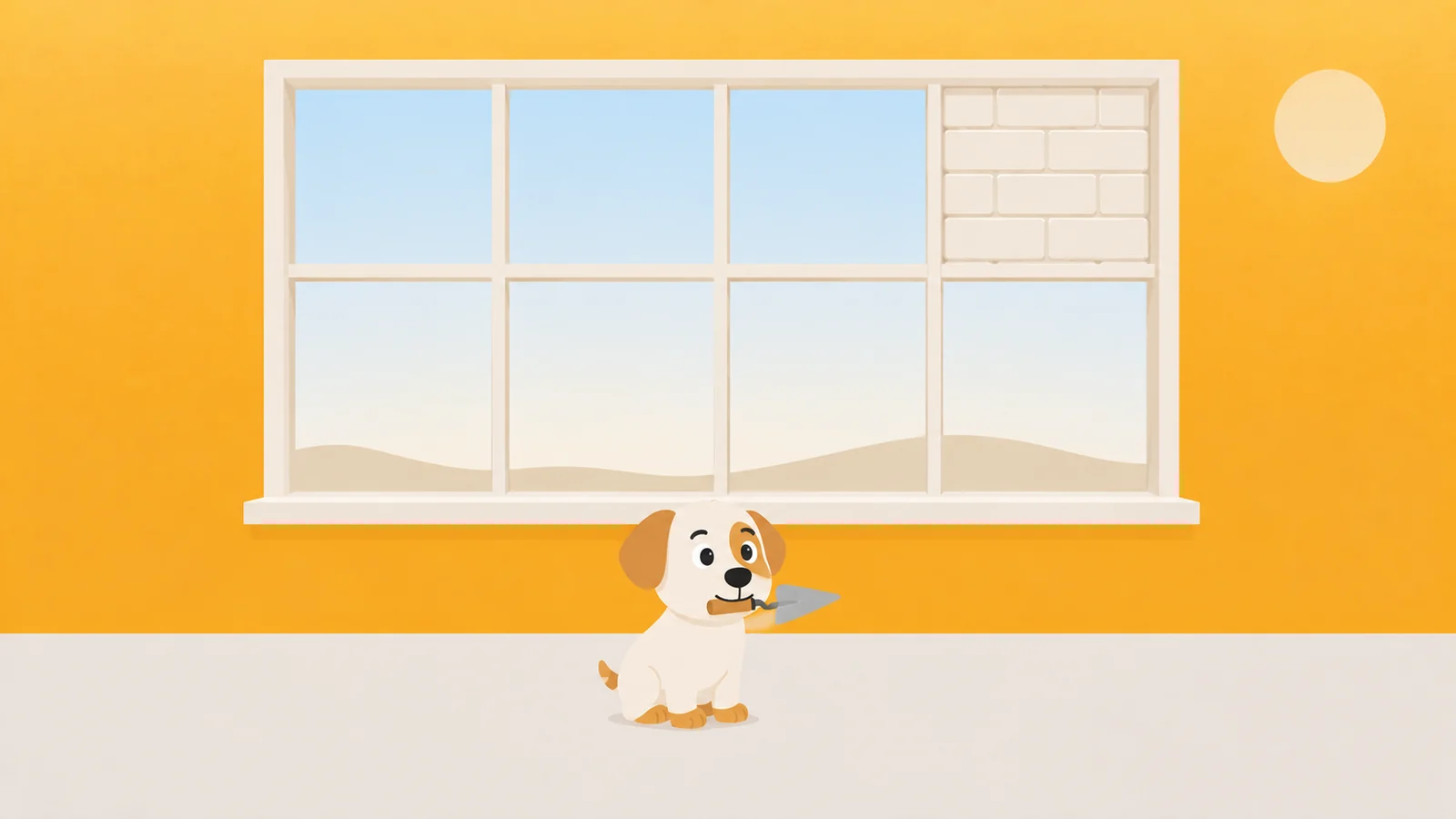 A window of clear panes with one neatly bricked up in cream blocks, a dog holding a trowel below it