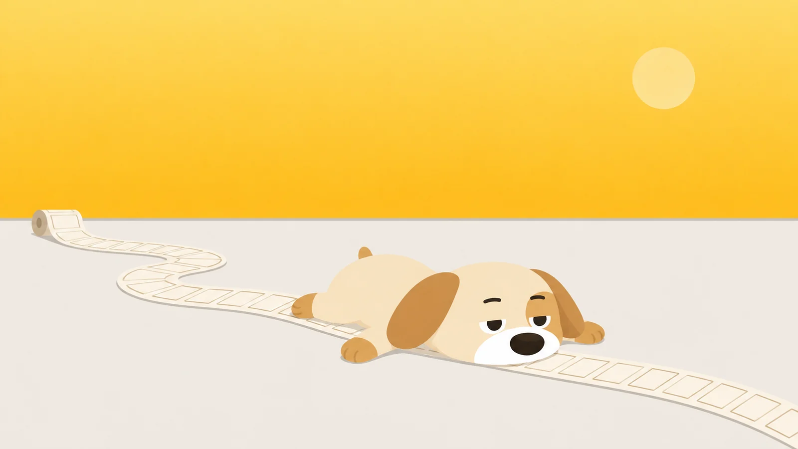 An endless ribbon of identical small squares unspooling off the edge of the frame, a glassy-eyed dog melted across it