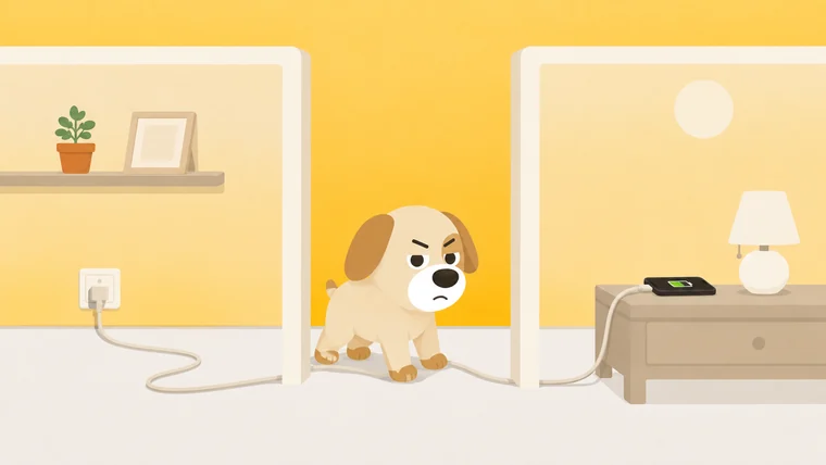 A guard dog caught halfway along a charging cable that runs through a doorway between two rooms