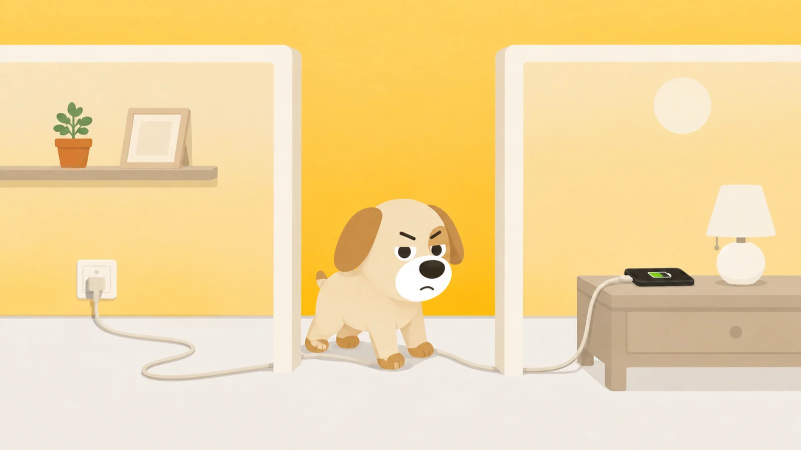 A guard dog caught halfway along a charging cable that runs through a doorway between two rooms