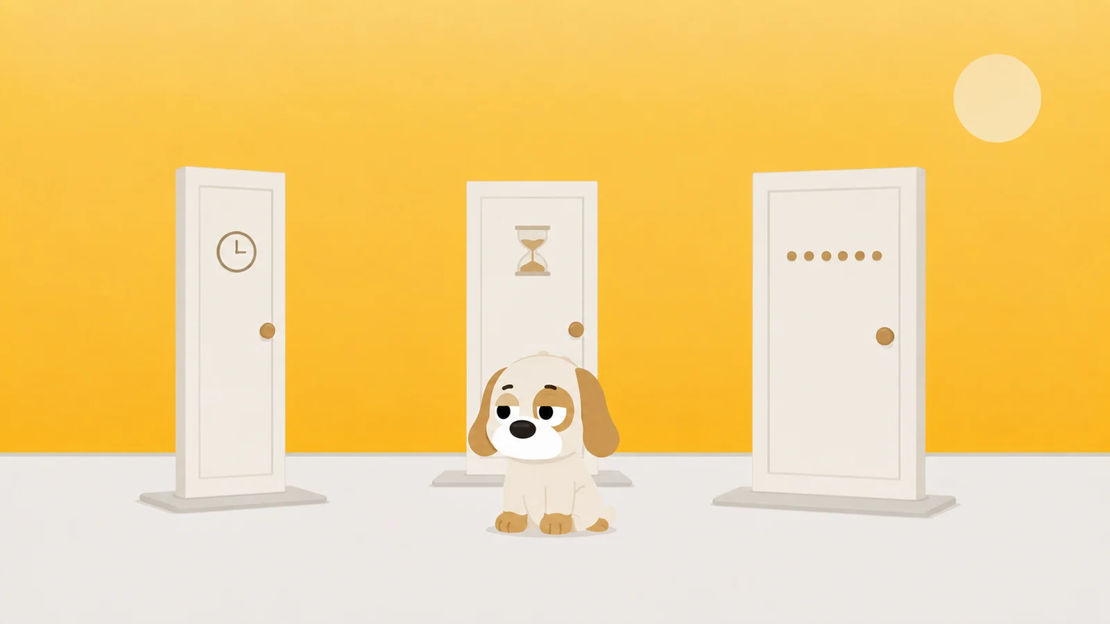 Three free-standing doors marked with a clock, an hourglass and a row of dots, a guard dog sitting between them