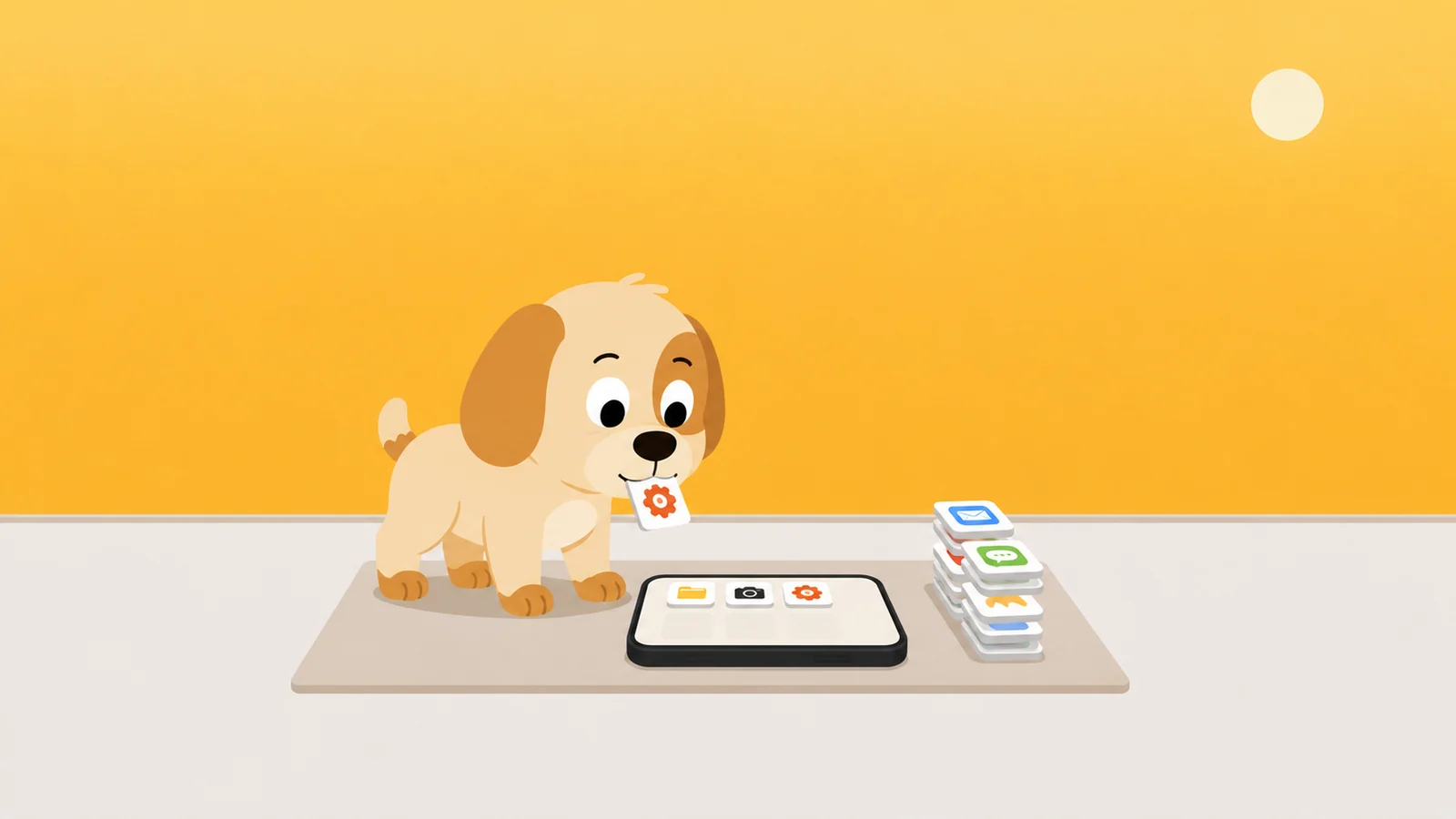 A phone with most of its app icons lifted off and stacked aside, a dog carrying one carefully in his mouth