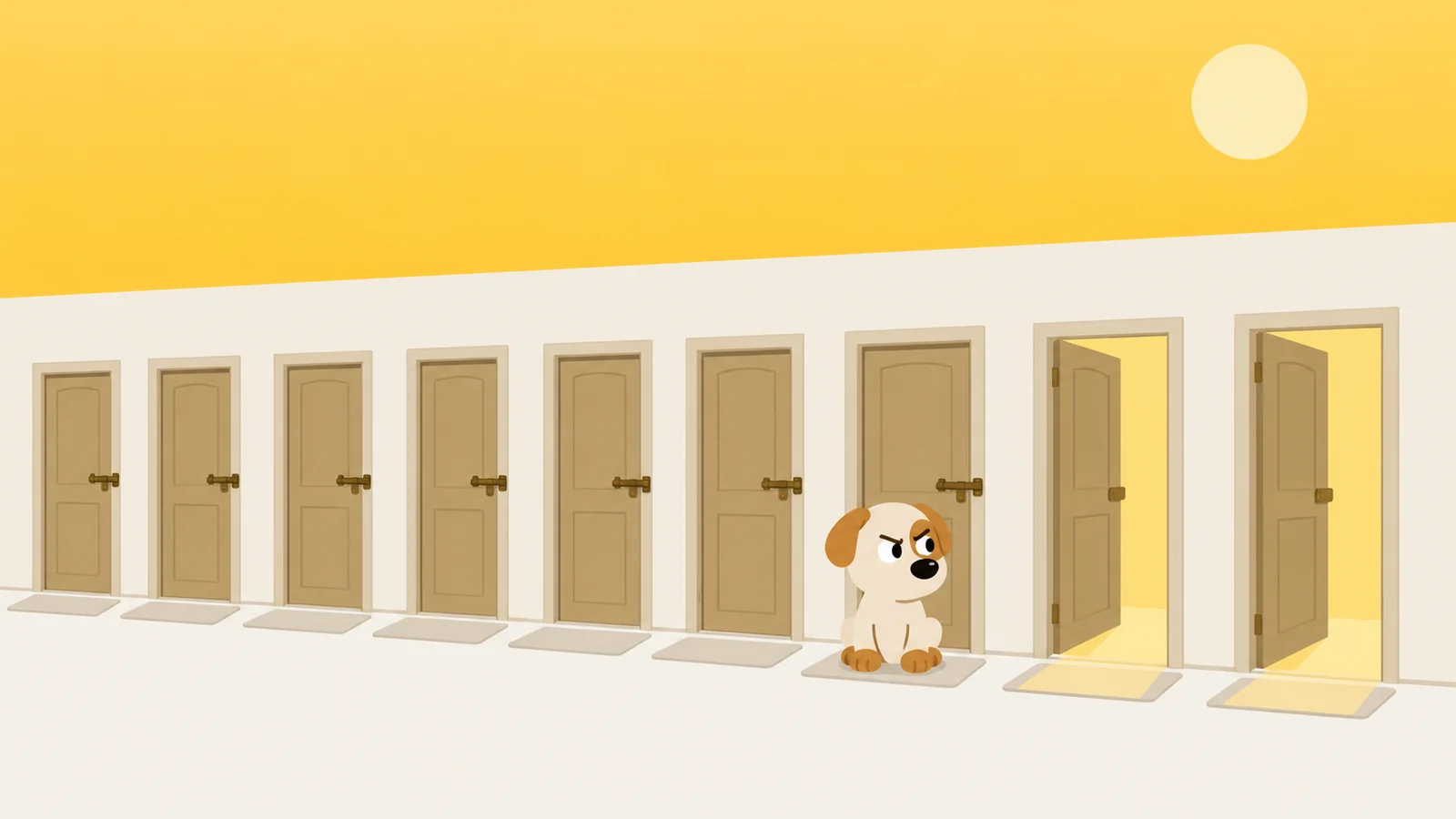 A row of nine doors, seven bolted shut and two standing open with light spilling out, a small guard dog on the mat