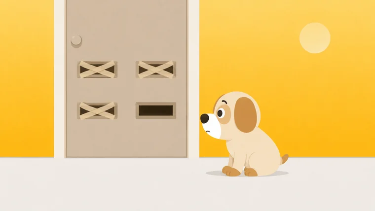 A door with four letterbox slots, three taped shut and one left open, watched closely by a guard dog