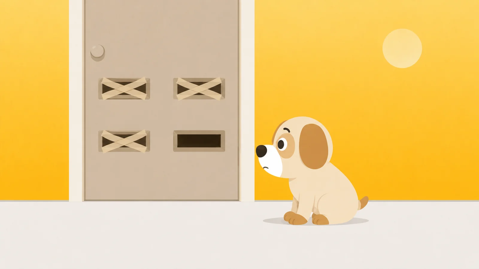 A door with four letterbox slots, three taped shut and one left open, watched closely by a guard dog