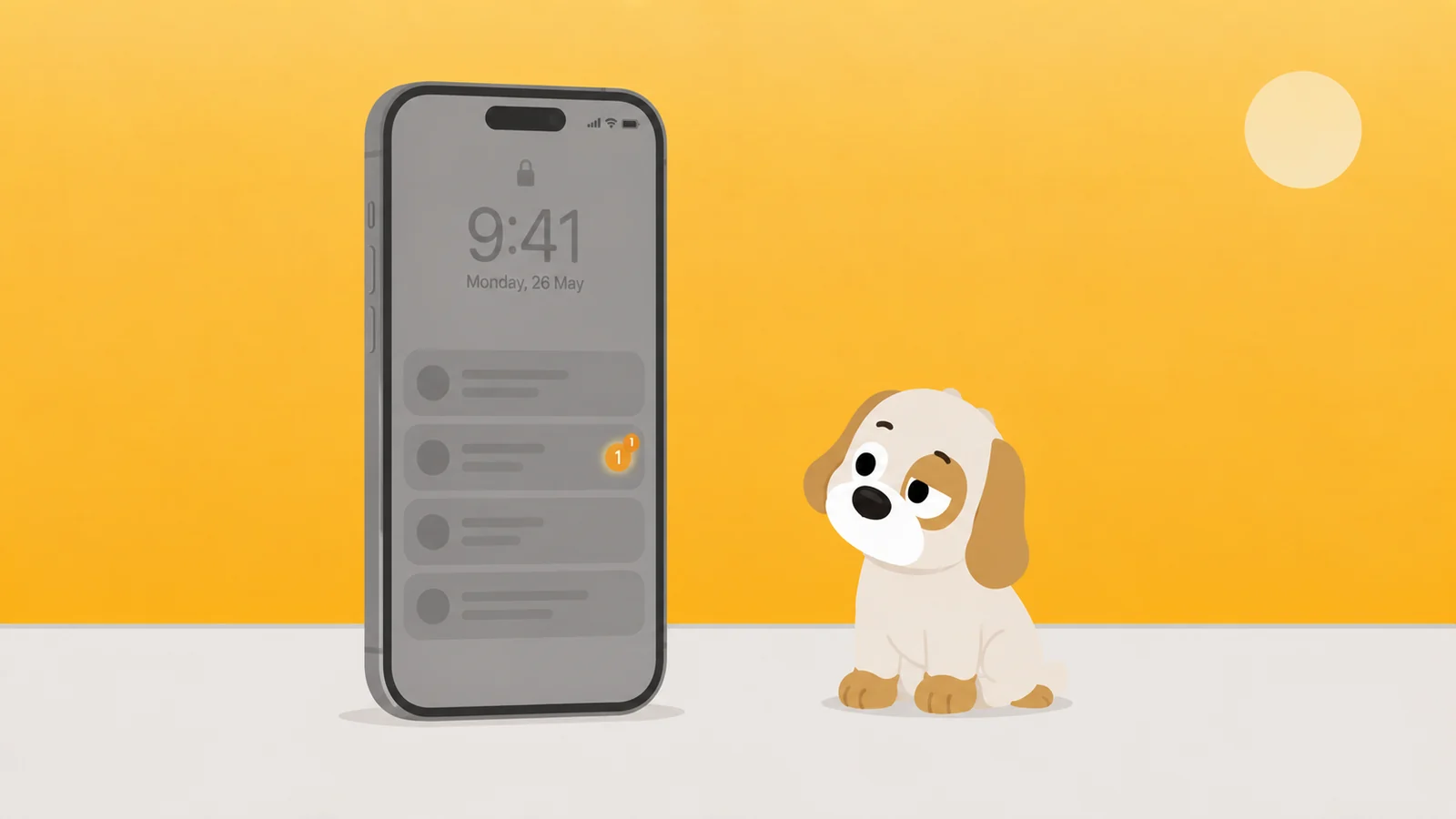 A phone screen drained to grey with one marigold notification badge still glowing, watched by an unconvinced dog