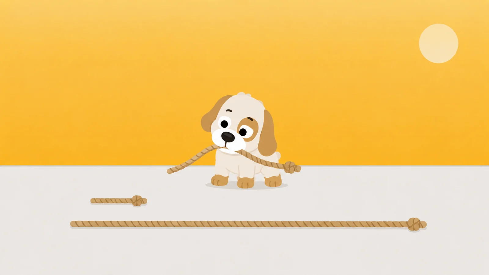 Three knotted ropes of different lengths laid side by side, a dog weighing up the middle one in his mouth