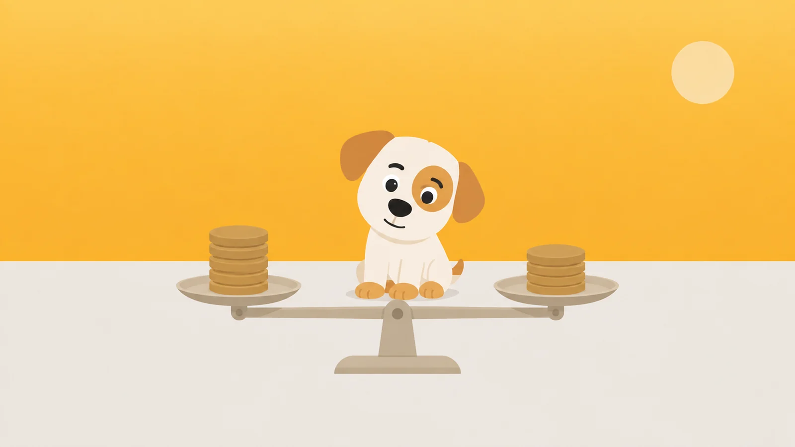 A pair of balance scales holding five discs against four, a guard dog watching them settle