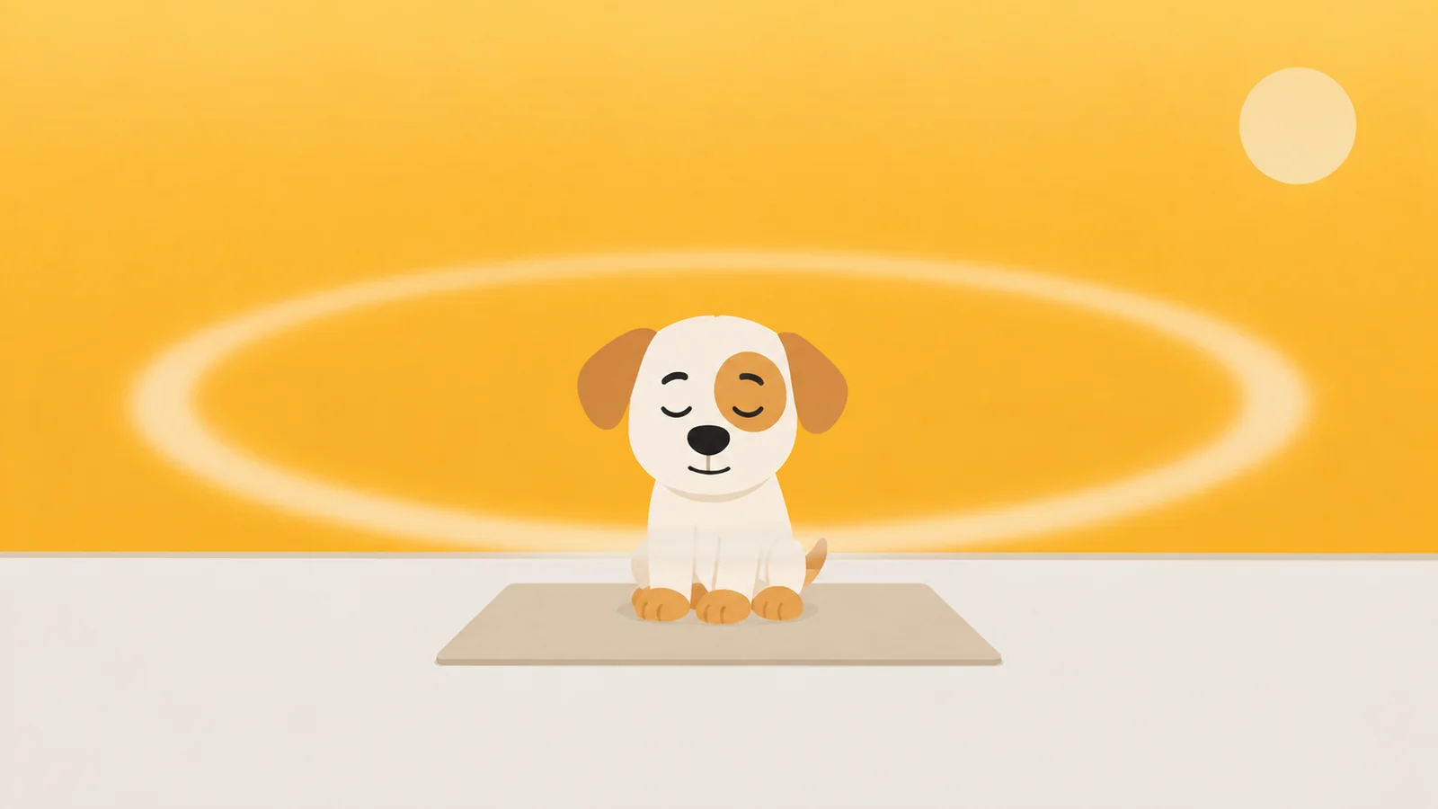 A single soft expanding ring in the air above a mat, a dog sitting inside it with his eyes shut