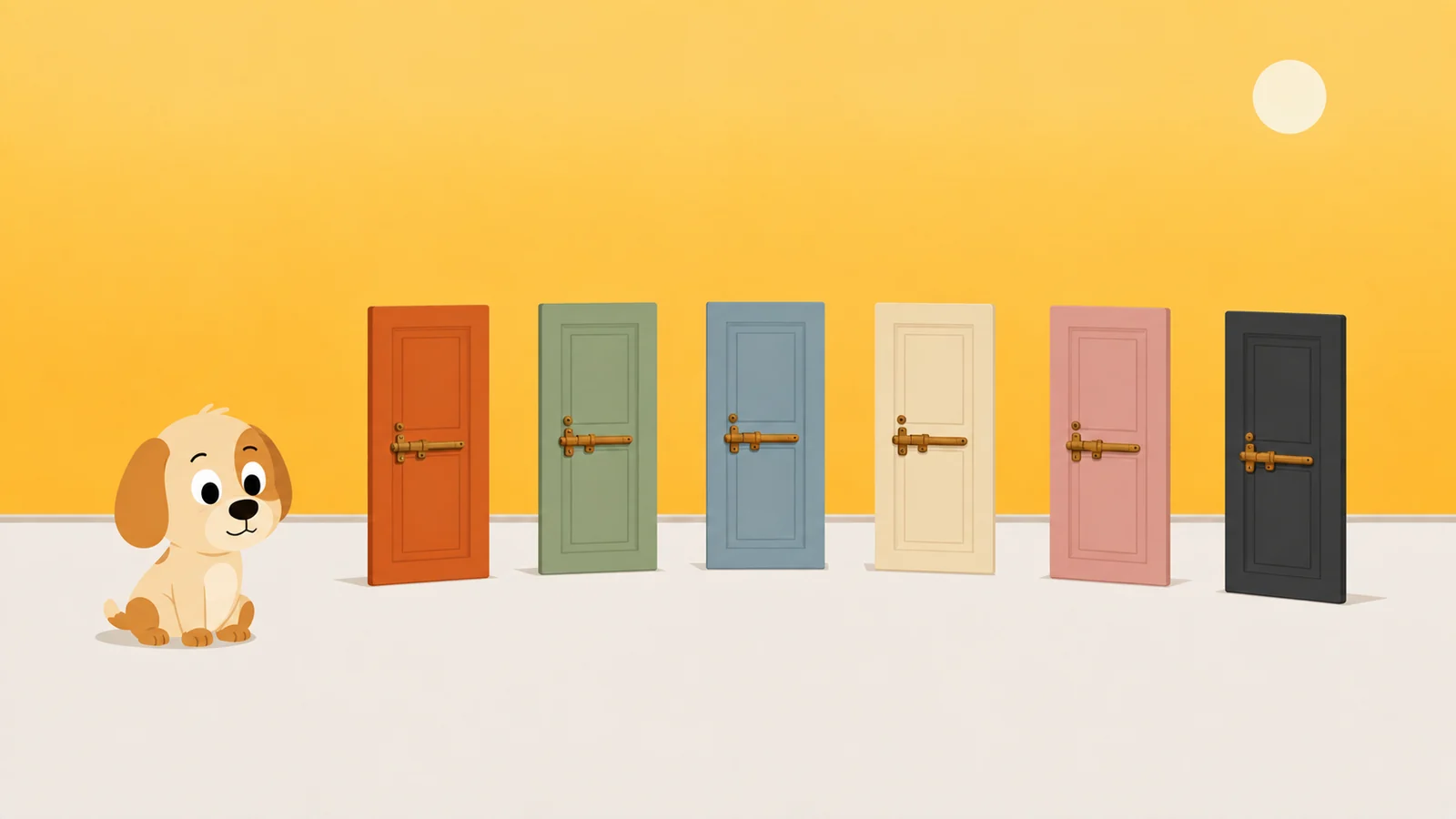 Six free-standing doors of different colours in a gentle arc, all shut, a guard dog sitting to one side of them