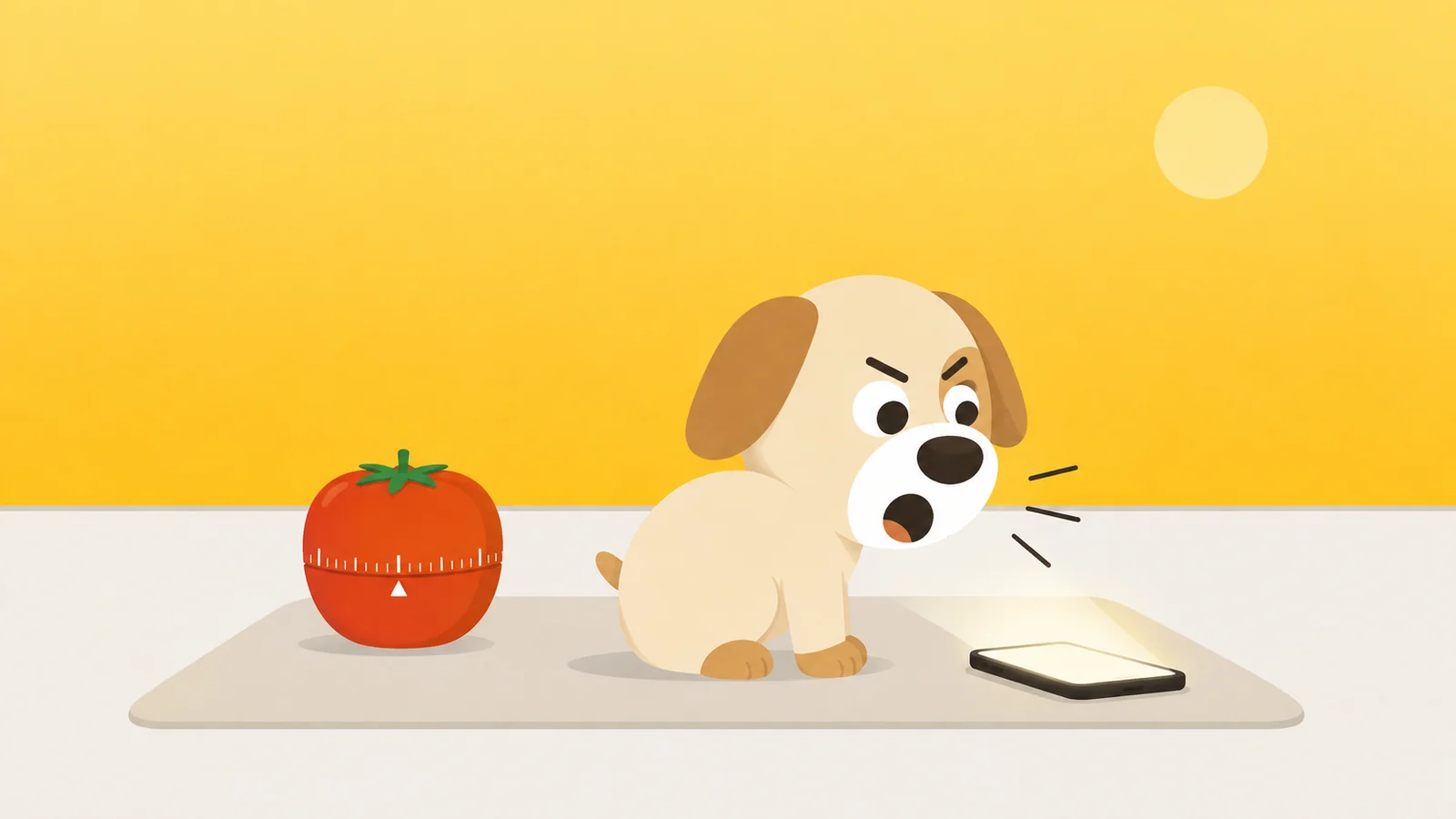 A kitchen timer ticking away untouched while a guard dog turns his back on it to bark at a lit phone