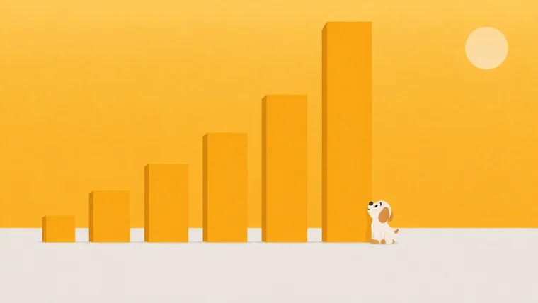 A guard dog dwarfed at the base of a bar chart of solid marigold blocks rising like a small city