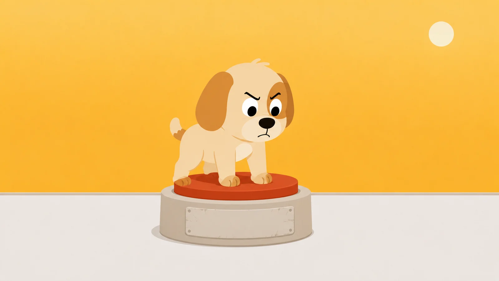 A guard dog pressing an oversized button flat into its pedestal with both front paws so it can no longer be pushed