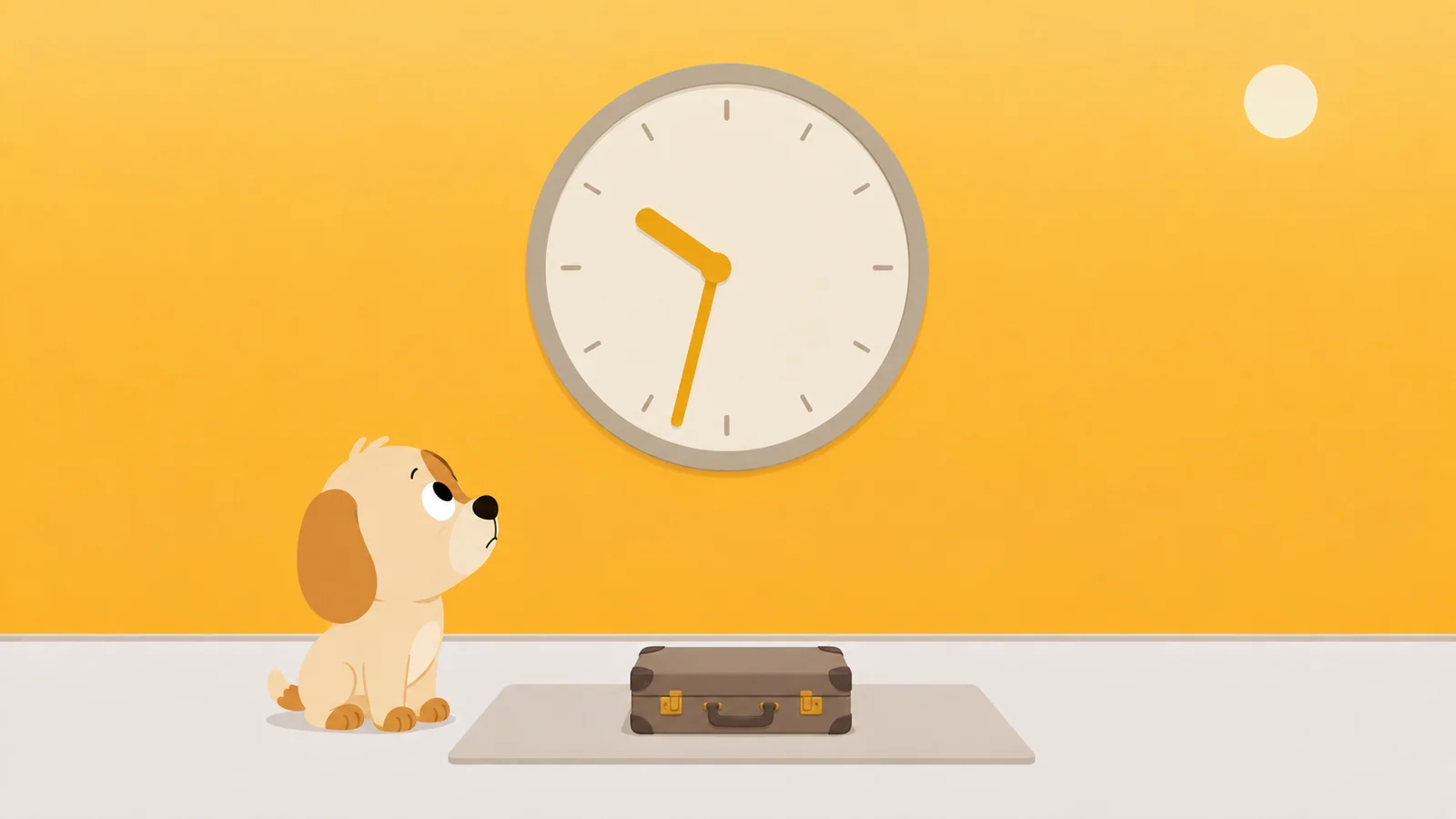 A large clock with no numerals showing half past ten, a small unopened suitcase on the mat beneath it