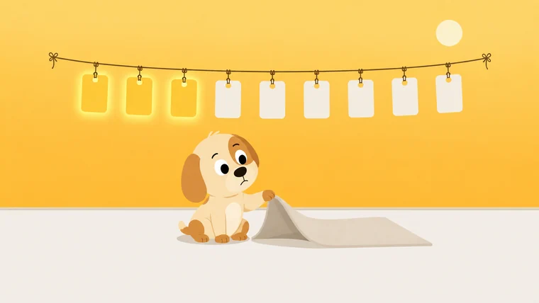 A guard dog lifting the corner of an upturned doormat to show nothing underneath, blank tags strung up above him