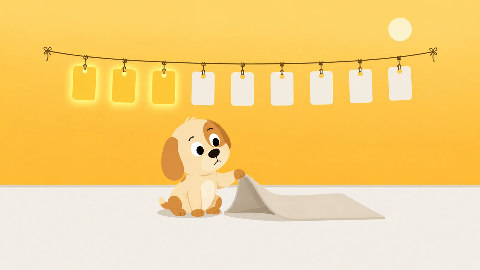 A guard dog lifting the corner of an upturned doormat to show nothing underneath, blank tags strung up above him