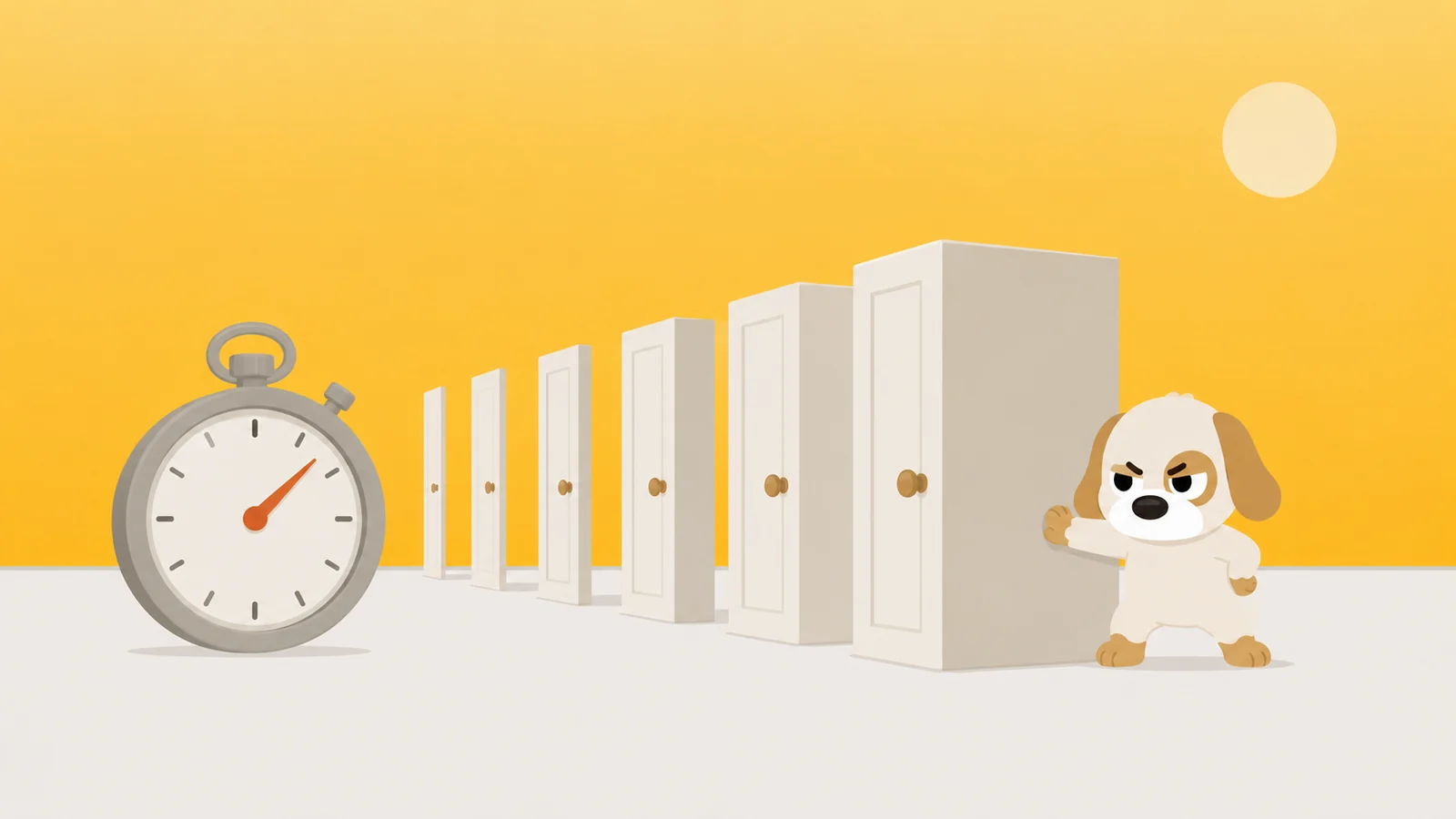 A dog-sized stopwatch with its hand sweeping, backed by a row of doors of increasing thickness, one dog guarding the thickest