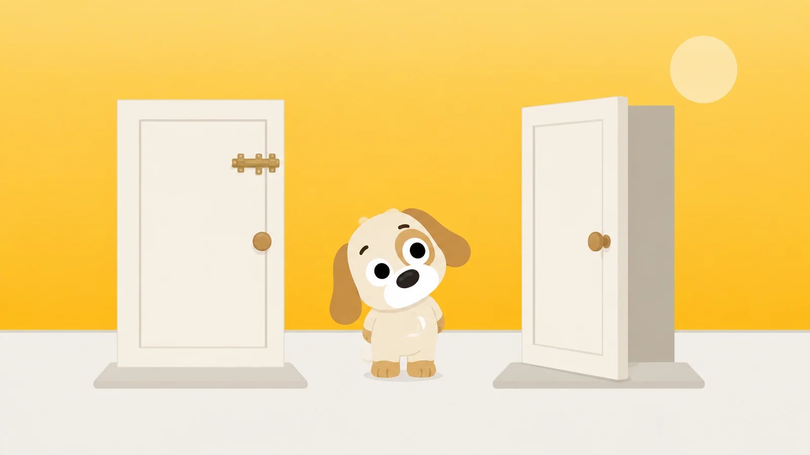 Two doors identical from the front, one turned to reveal it has no bolt on the back, a dog noticing the difference