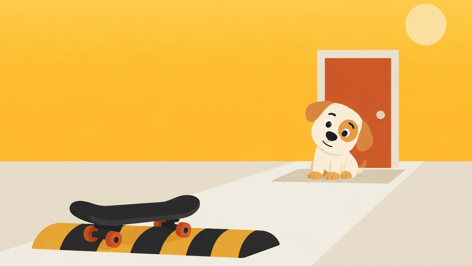 A speed bump early on a path and a full door further along it, a guard dog waiting on the mat at the door