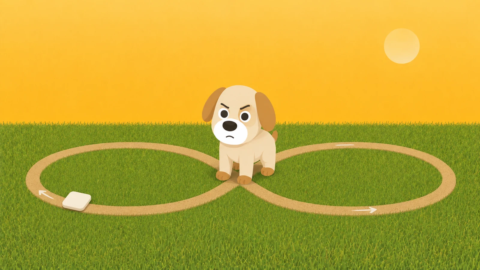 A guard dog standing across a looping track, blocking an app tile from completing another circuit