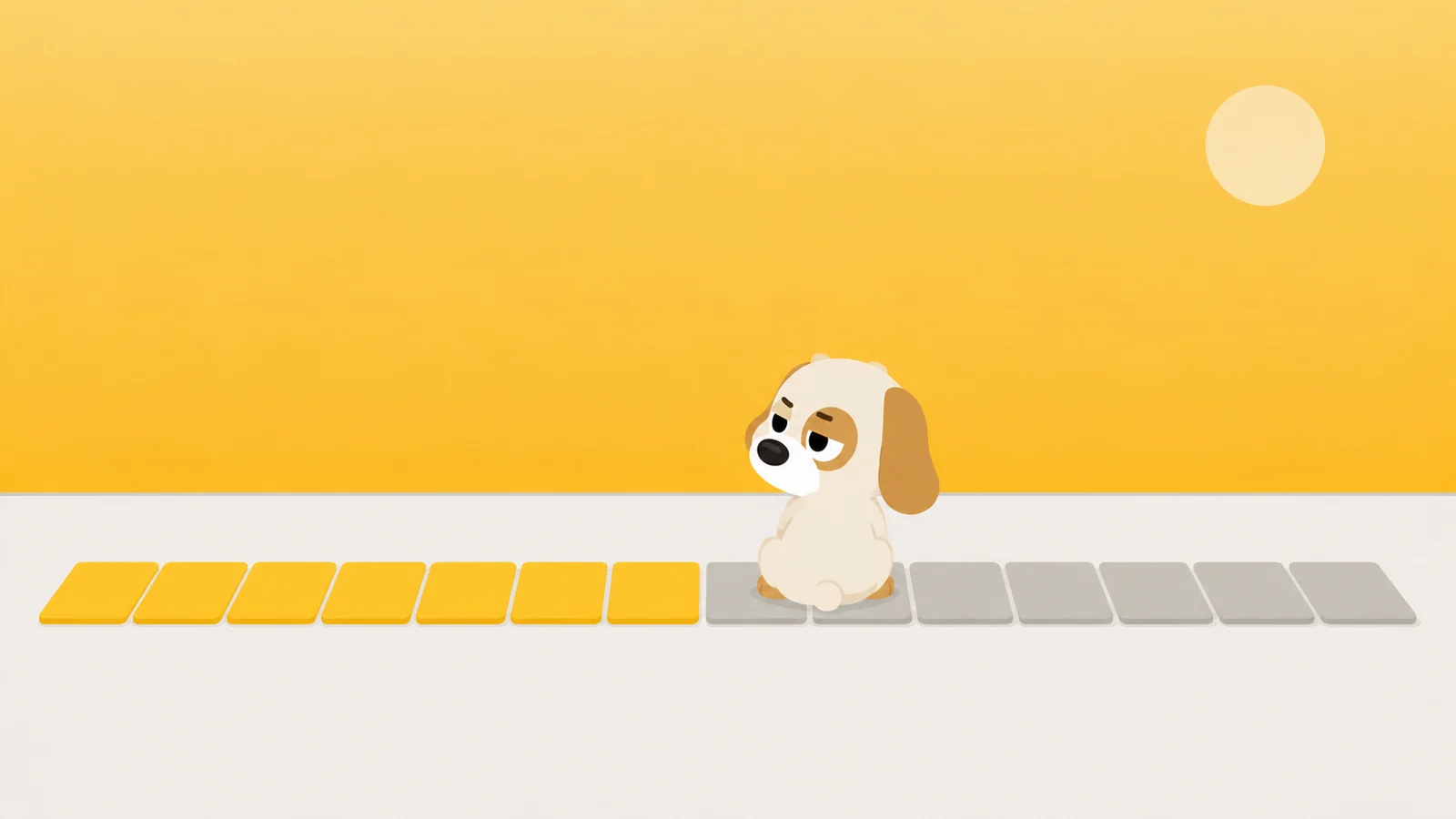 Fourteen paving stones, the first seven bright and the last seven grey, a dog on the ninth looking back