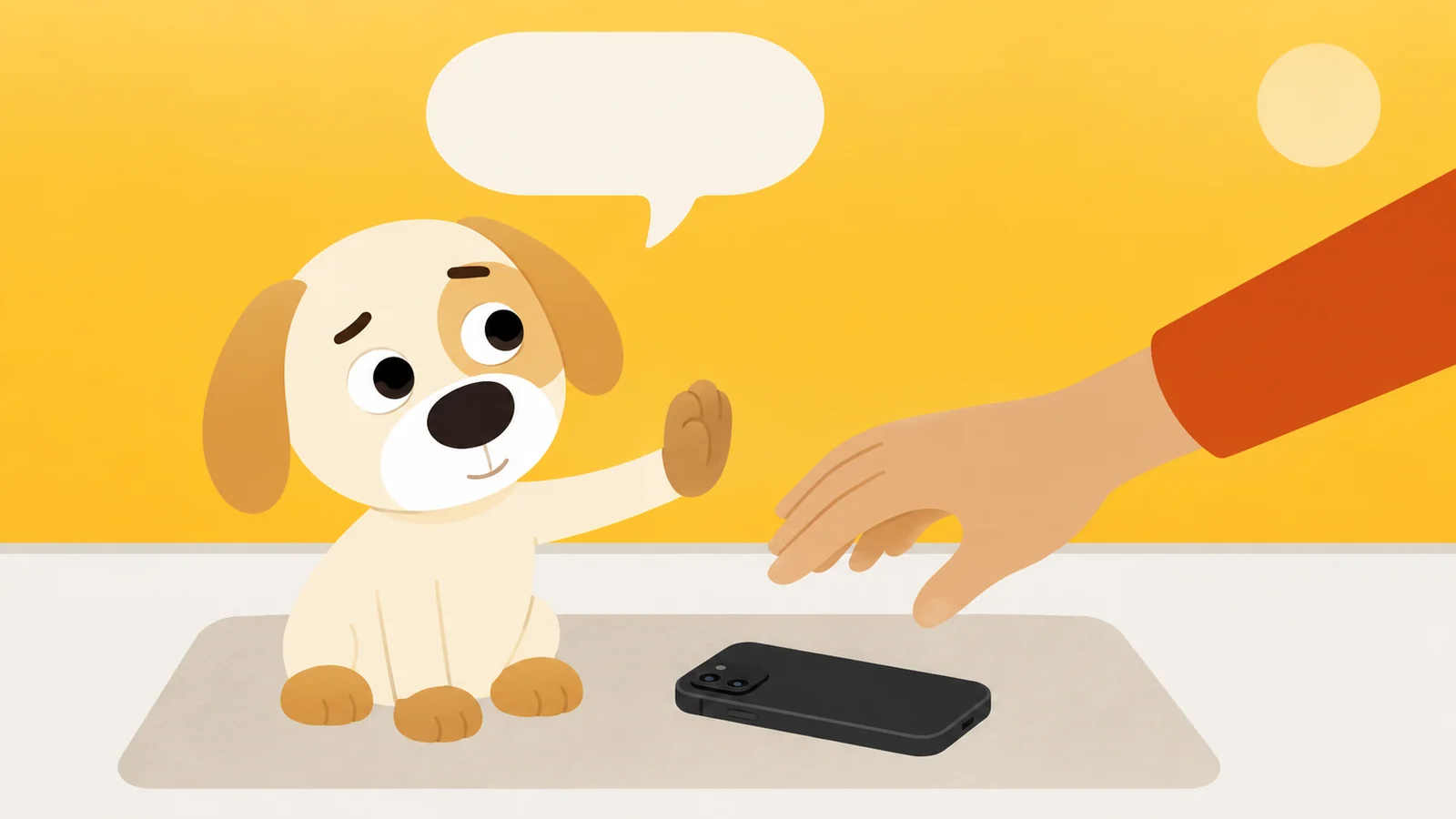 A hand reaching for a face-down phone, stopped in mid-air by a dog's raised paw, an empty speech bubble above