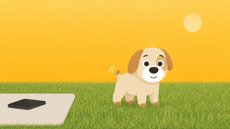 A dog standing ankle-deep in real grass with his tail going, a phone left behind on the mat at the edge