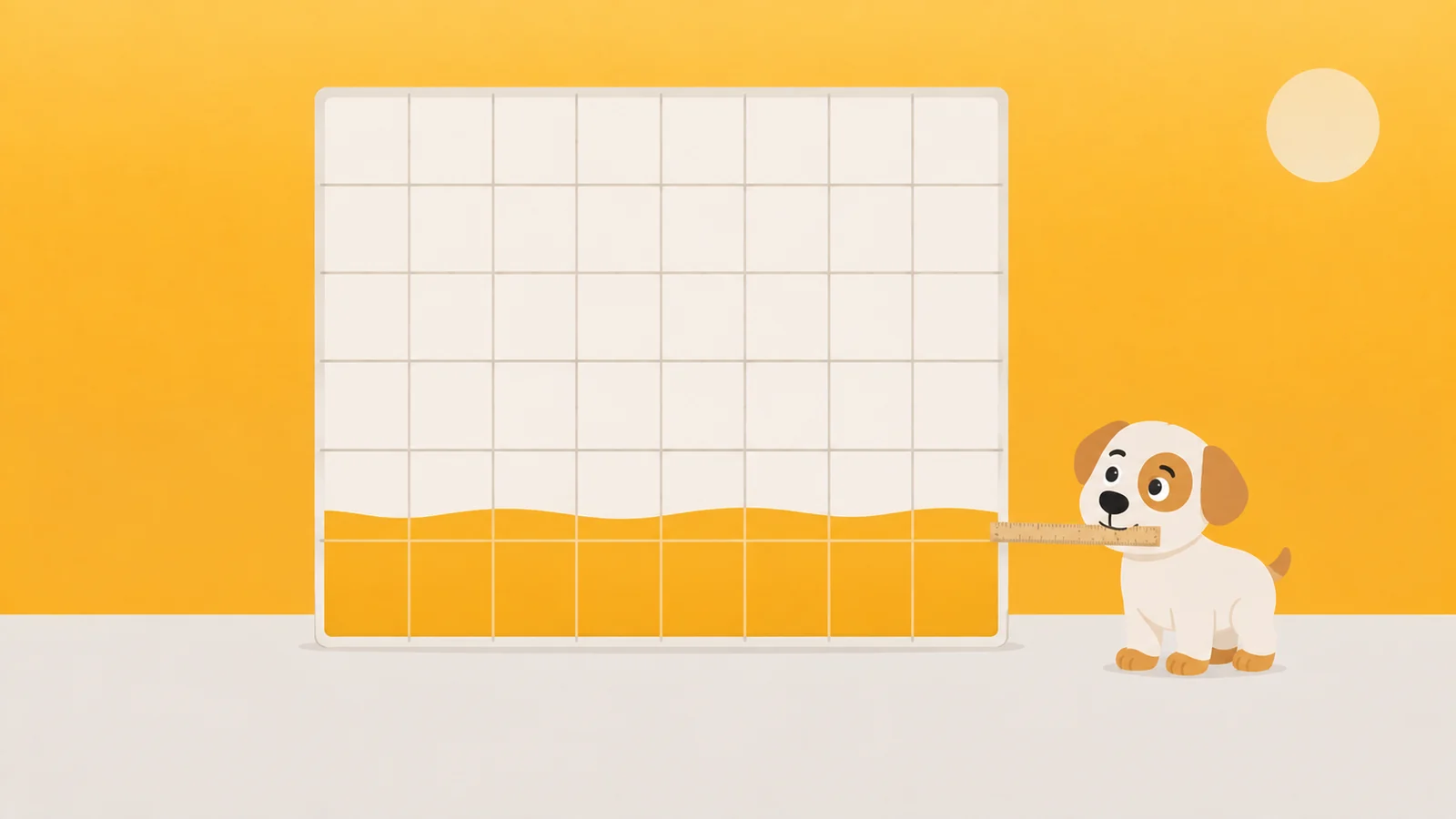 A grid of blank calendar squares filling from the bottom with marigold, a dog measuring the level with a stick