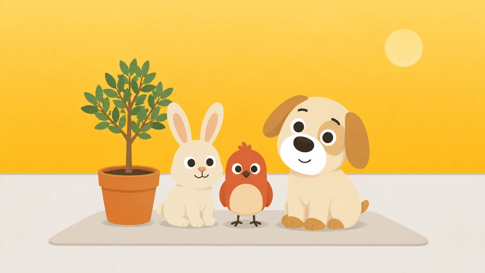 A potted tree, a rabbit and a bird standing together, with a fond guard dog alongside them as one of the group
