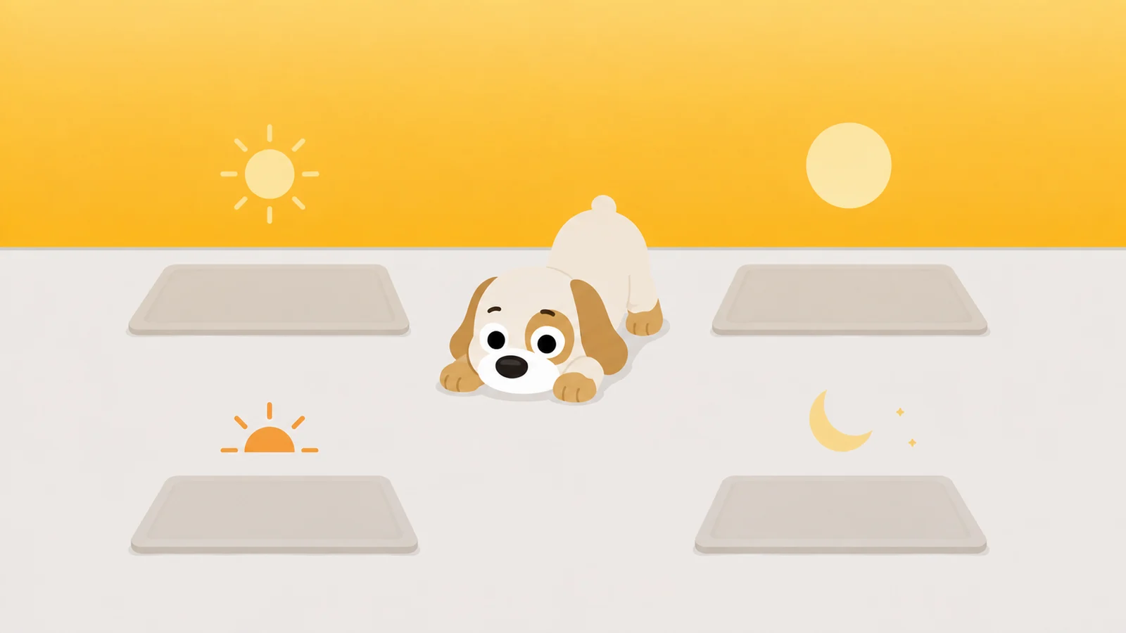 Four doormats arranged in a square, each under a different sun or moon, a dog choosing between them in a play bow