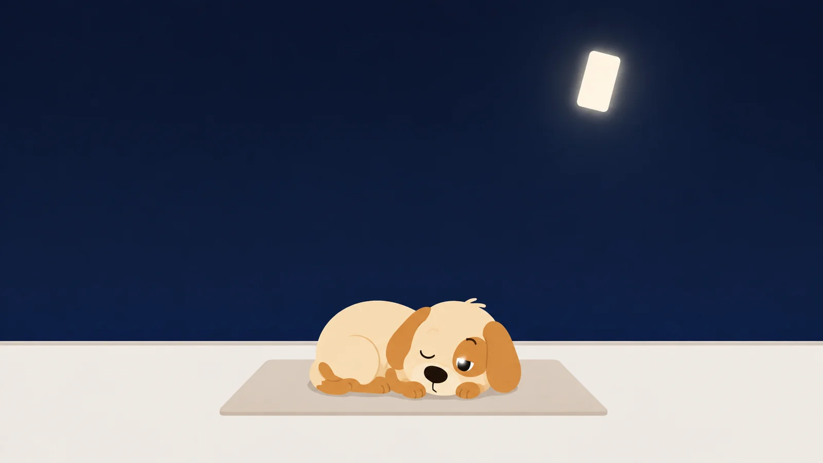 A dark sky with a phone-shaped rectangle of light hanging in it like a second moon, a dog curled below with one eye open