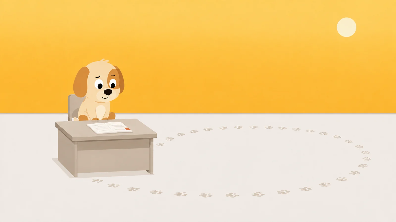 A desk with an open document and a faint trail of pawprints leading away in a wide circle and back again