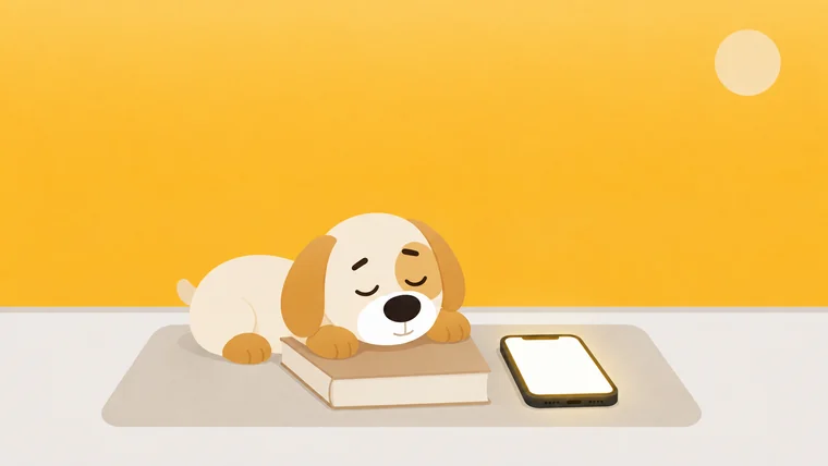 A closed paperback and a lit phone side by side on a mat, a sleepy dog resting his chin on the book